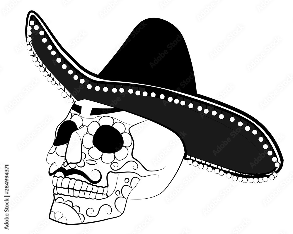 black and white illustration of a skull in a Mexican hat Stock Vector ...