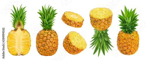 Whole and sliced pineapple isolated on white background