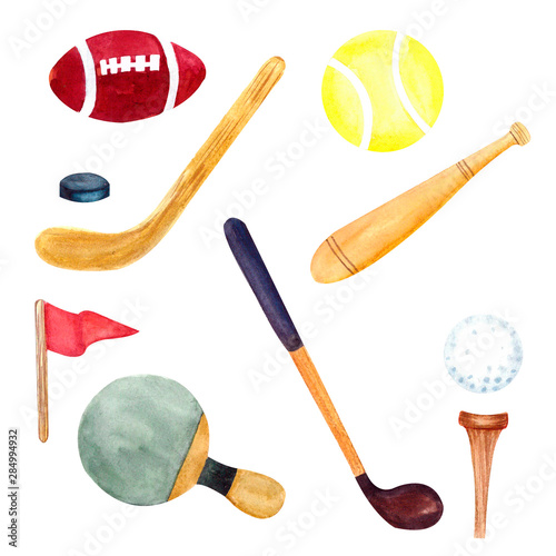 Watercolor illustration on the theme of sports. Set of images of sports equipment.