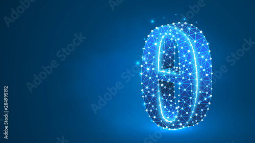 Theta, the letter of a Greek alphabet. Greek numerals, mathematical number nine concept. Abstract, digital, wireframe, low poly mesh, vector blue neon 3d illustration. Triangle, line, dot