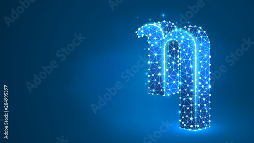 Eta, the letter of a Greek alphabet. Greek numerals, mathematical number eight concept. Abstract, digital, wireframe, low poly mesh, Raster blue neon 3d illustration. Triangle, line dot
