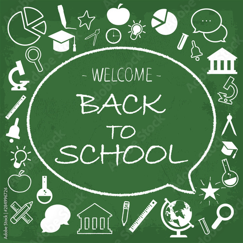 Back School Card Chalk Hand Drawn. Welcome back to school chalk everyone included text and education icon set on green chalkboard. Back to school, business learning with book, hand and hand drawn symb