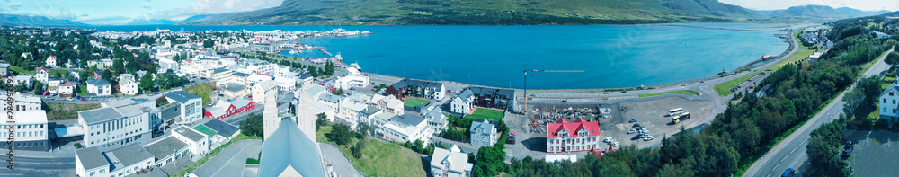 Panoramic aerial view of Akureyri town in Iceland