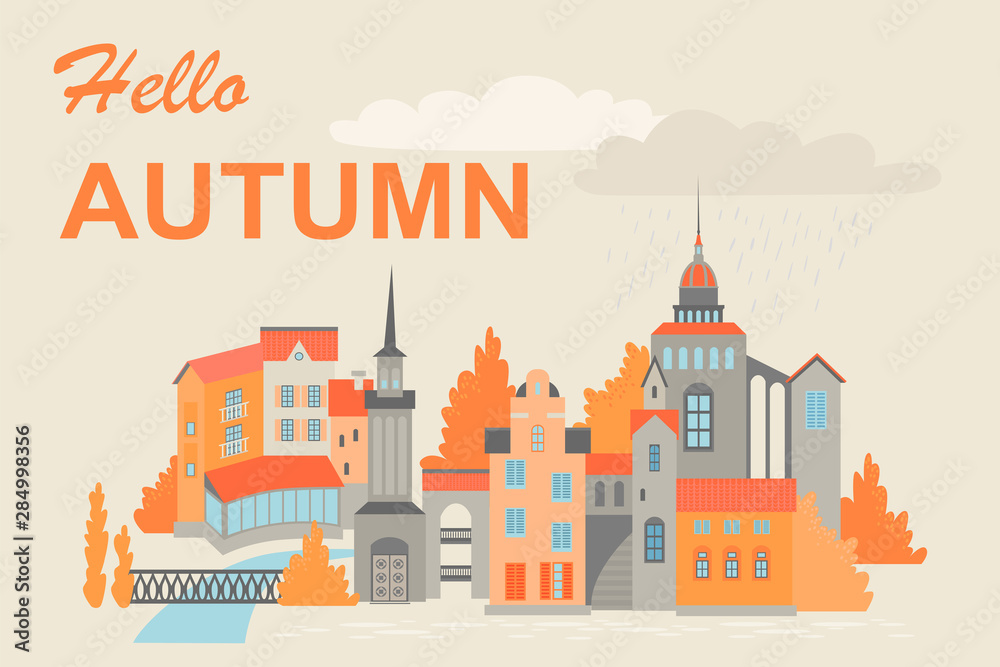 Vector illustration of a european city in autumn. Buildings with spiers in the North European style on the banks of the river.