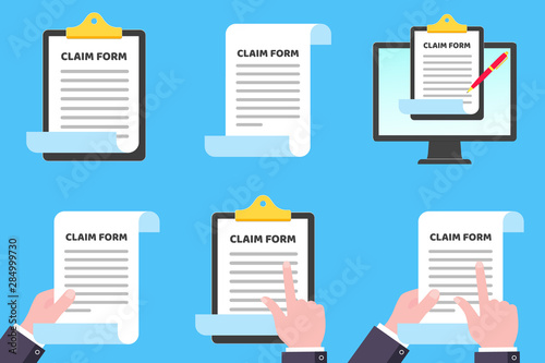 Claim form to fill out and text, clipboard, monitor and hands set flat style design isolated on light blue background vector illustration