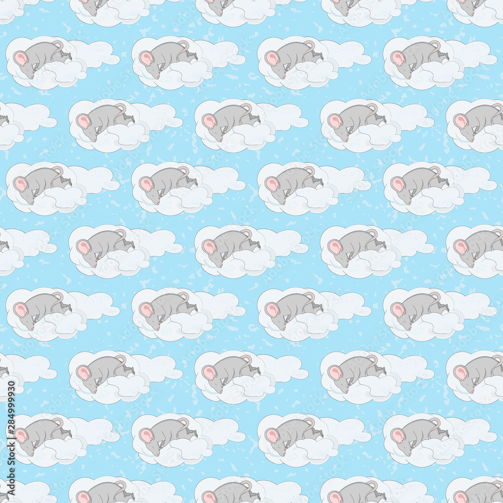 Seamless pattern with rat sleeping on a cloud on blue textural background. Little cute gray mouse with big ears. Design for a children's bedroom, pajamas or bedding. Seamless pattern with rat sleeping on a cloud on blue textural background. Little cute gray mouse with big ears. Design for a children's bedroom, pajamas or bedding.