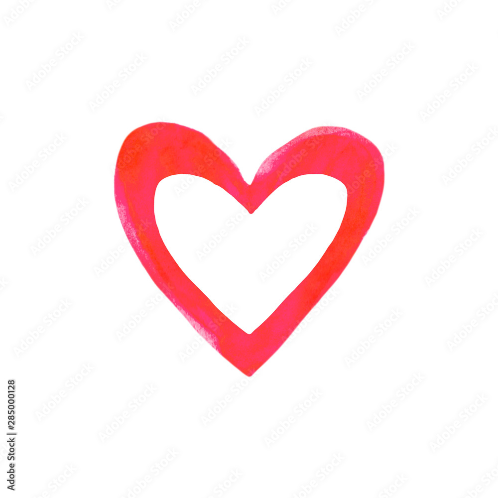 Red pink watercolor heart isolated on white background. Gentle, romantic background for design of cards, invitations, etc
