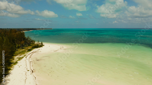 Tropical island with beautiful beach  palm trees by turquoise water view from above. Summer and travel vacation concept.