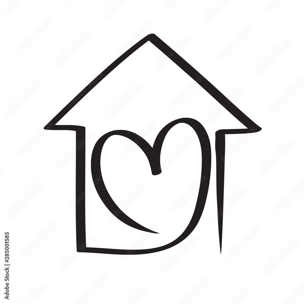 Simple Calligraphy House with heart. Real Vector Icon. Consept comfort and protection. Architecture Construction for design. Art home vintage hand drawn Logo element