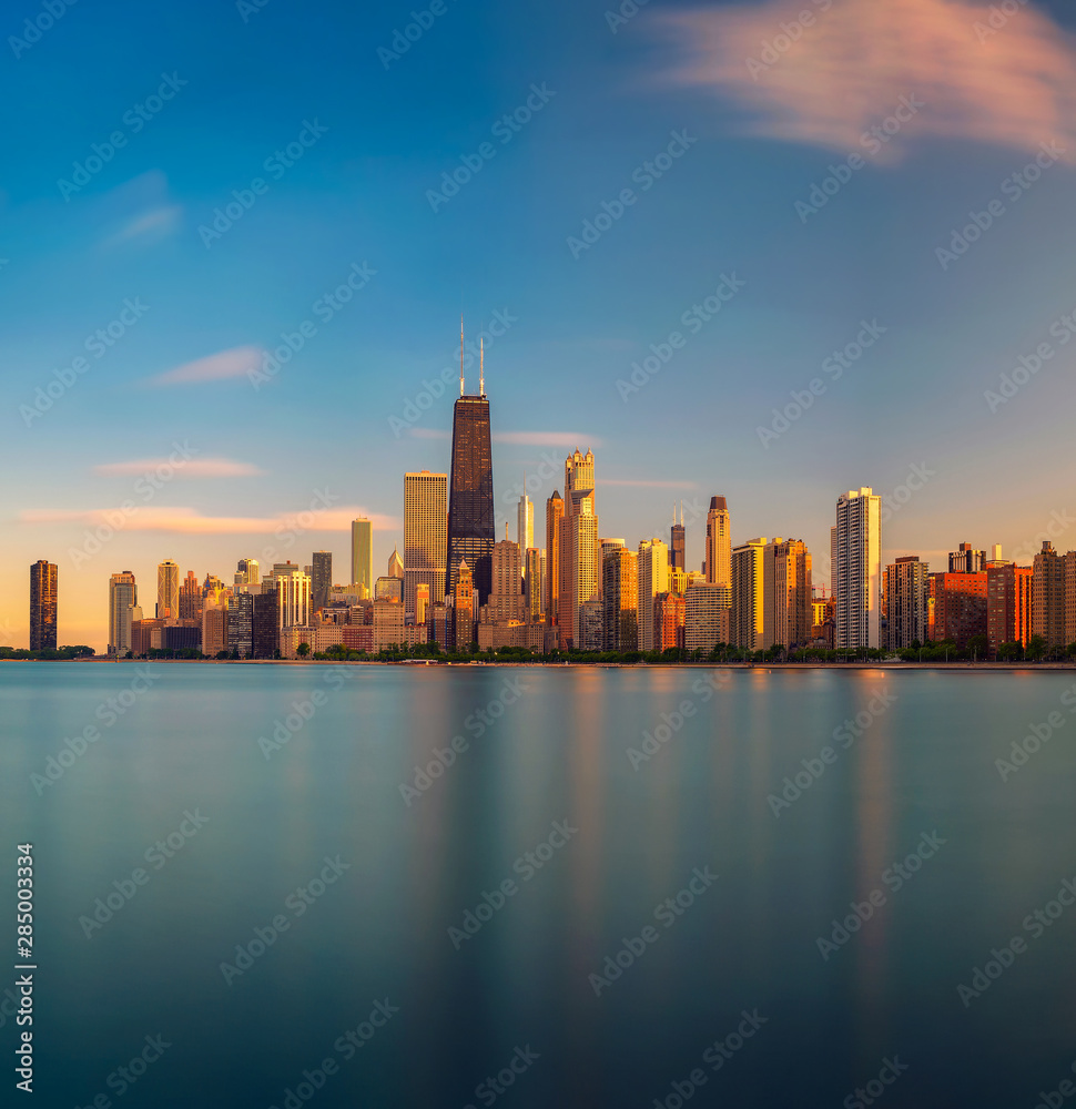 Chicago skyline at sunset viewed from North Avenue Beach