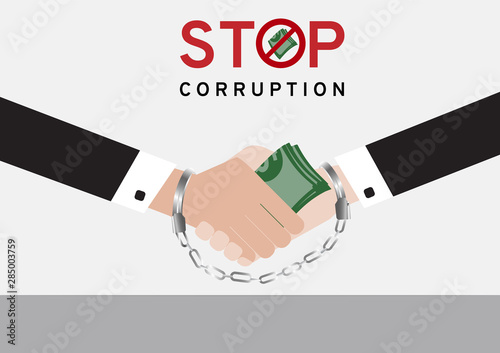 Business man in suit are handcuffed while giving or paying money for corruption isolated on white background with the symbol stop recieve money, caught, Fraud Detection, election campaign