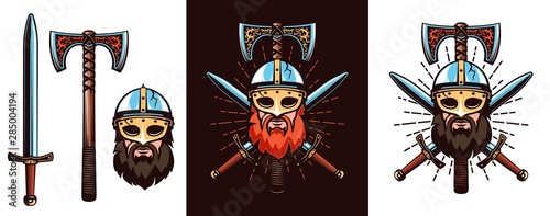 Warrior emblem with bearded Viking in helmet  double-edged axe and crossed swords. Vector illustration.