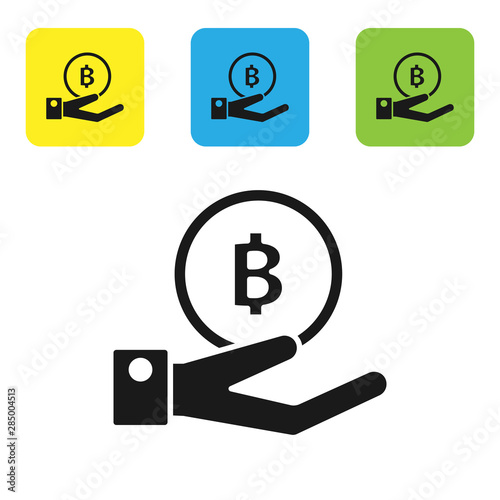 Black Hand holding Bitcoin icon isolated on white background. Blockchain technology, digital money market, cryptocoin wallet. Set icons colorful square buttons. Vector Illustration