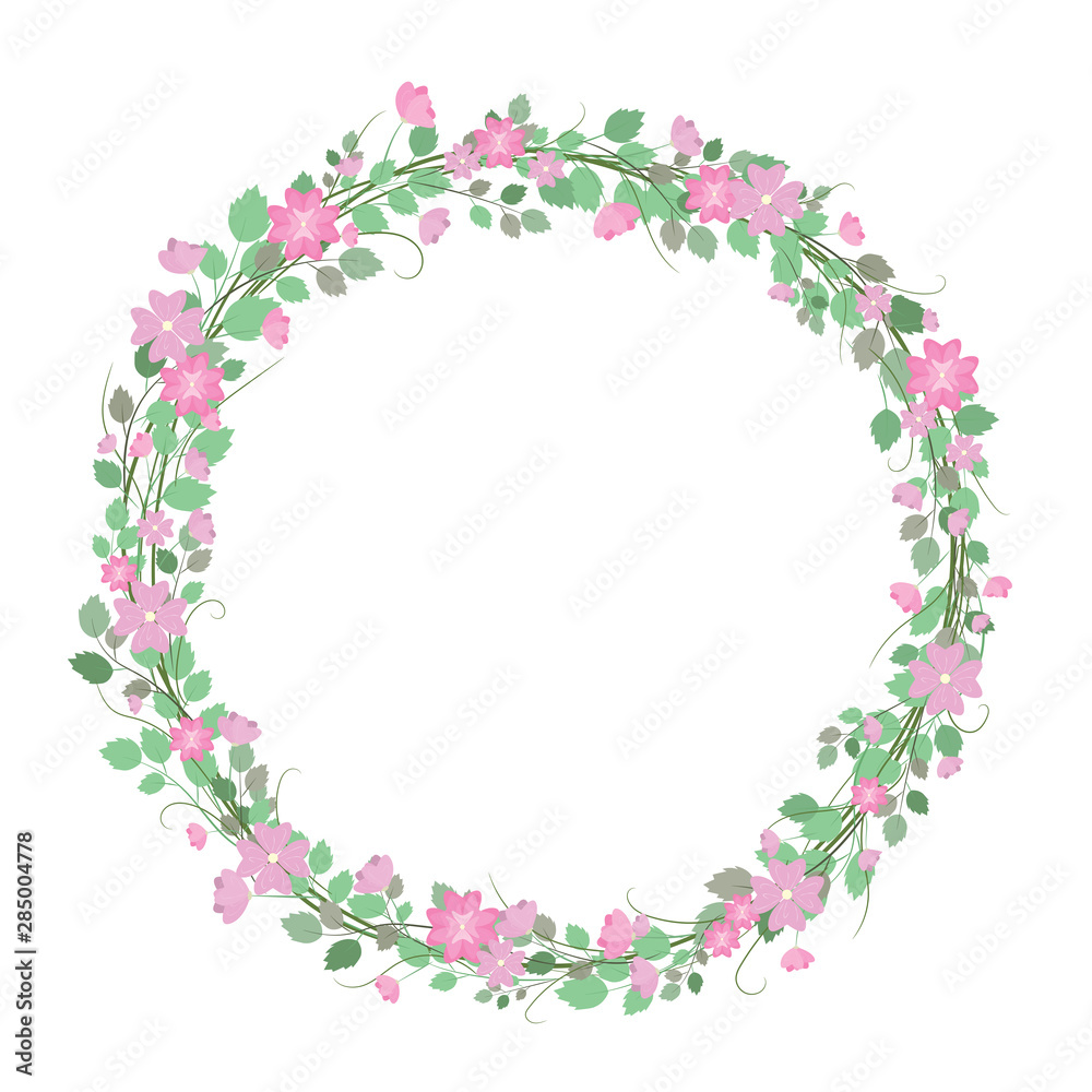 Beautiful vintage pink floral wreath on white background for card template.Vector illustration.