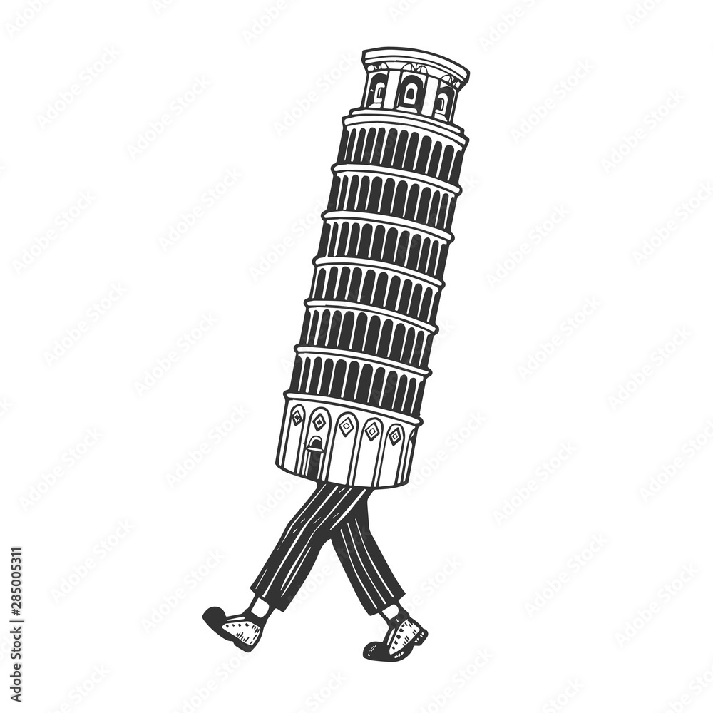 Leaning Tower of Pisa walks on its feet sketch engraving vector illustration. Scratch board style imitation. Black and white hand drawn image.