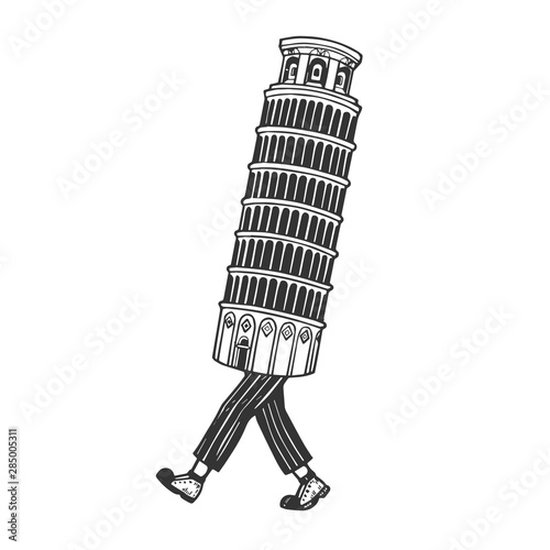 Fotomurale Leaning Tower of Pisa walks on its feet sketch engraving vector illustration