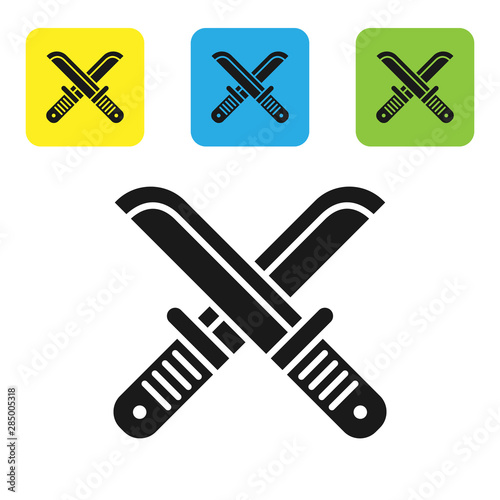 Black Crossed hunter knife icon isolated on white background. Army knife. Set icons colorful square buttons. Vector Illustration