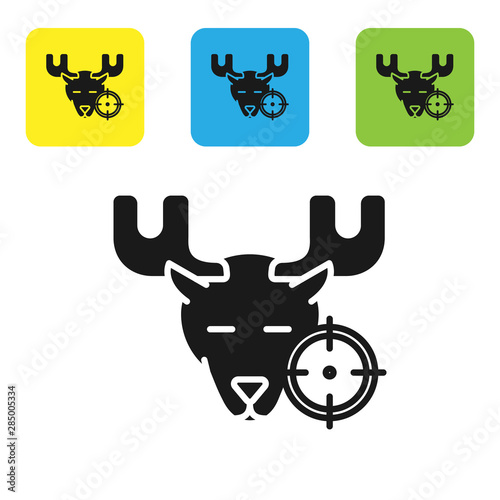 Black Hunt on moose with crosshairs icon isolated on white background. Hunting club logo with moose and target. Rifle lens aiming a moose. Set icons colorful square buttons. Vector Illustration