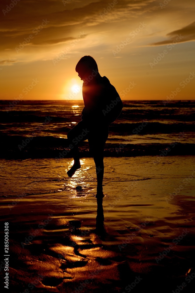 Boy Beach Sunset Silhouette