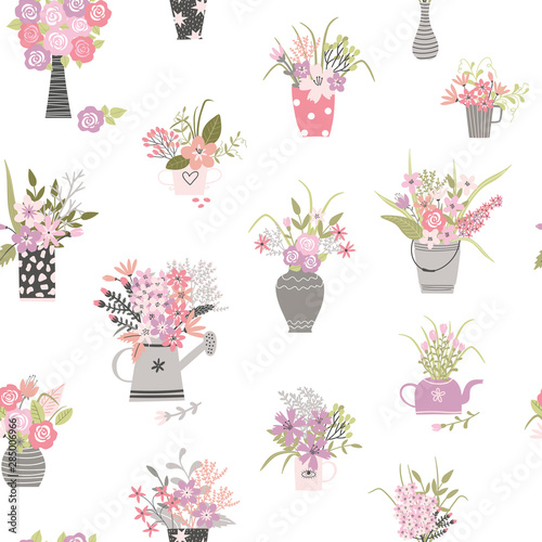 Garden plants hand draw cartoon seamless pattern. Vector illustration