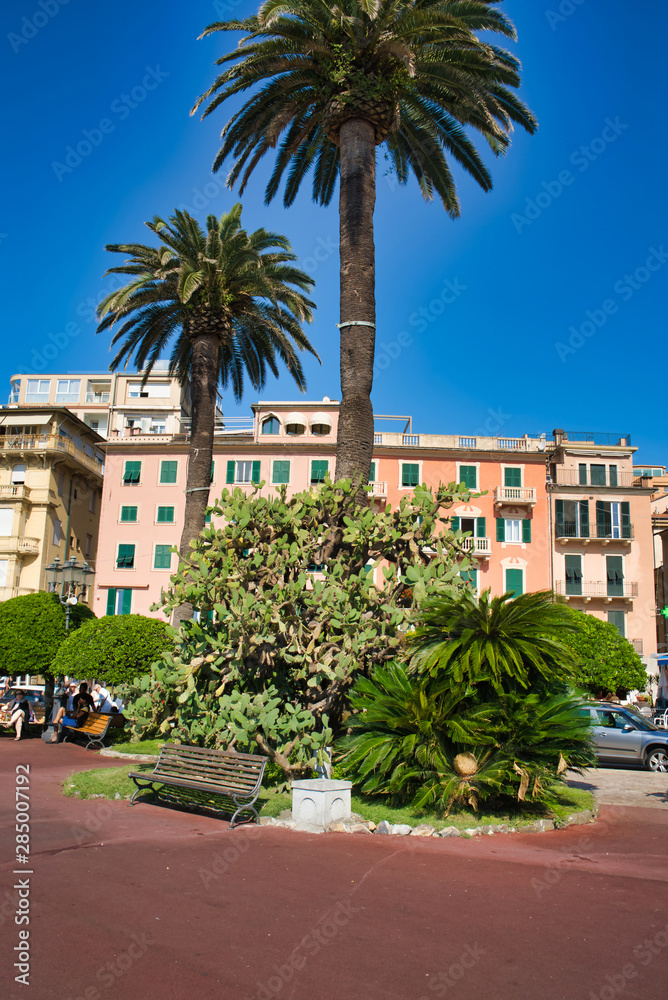 RAPALLO, LIGURIA, ITALY - AUGUST 16, 2019: Colorful buildings in the city of Rapallo. Lungomare Vittorio Veneto. Beautiful resort town in Italy. Holidays in Europe
