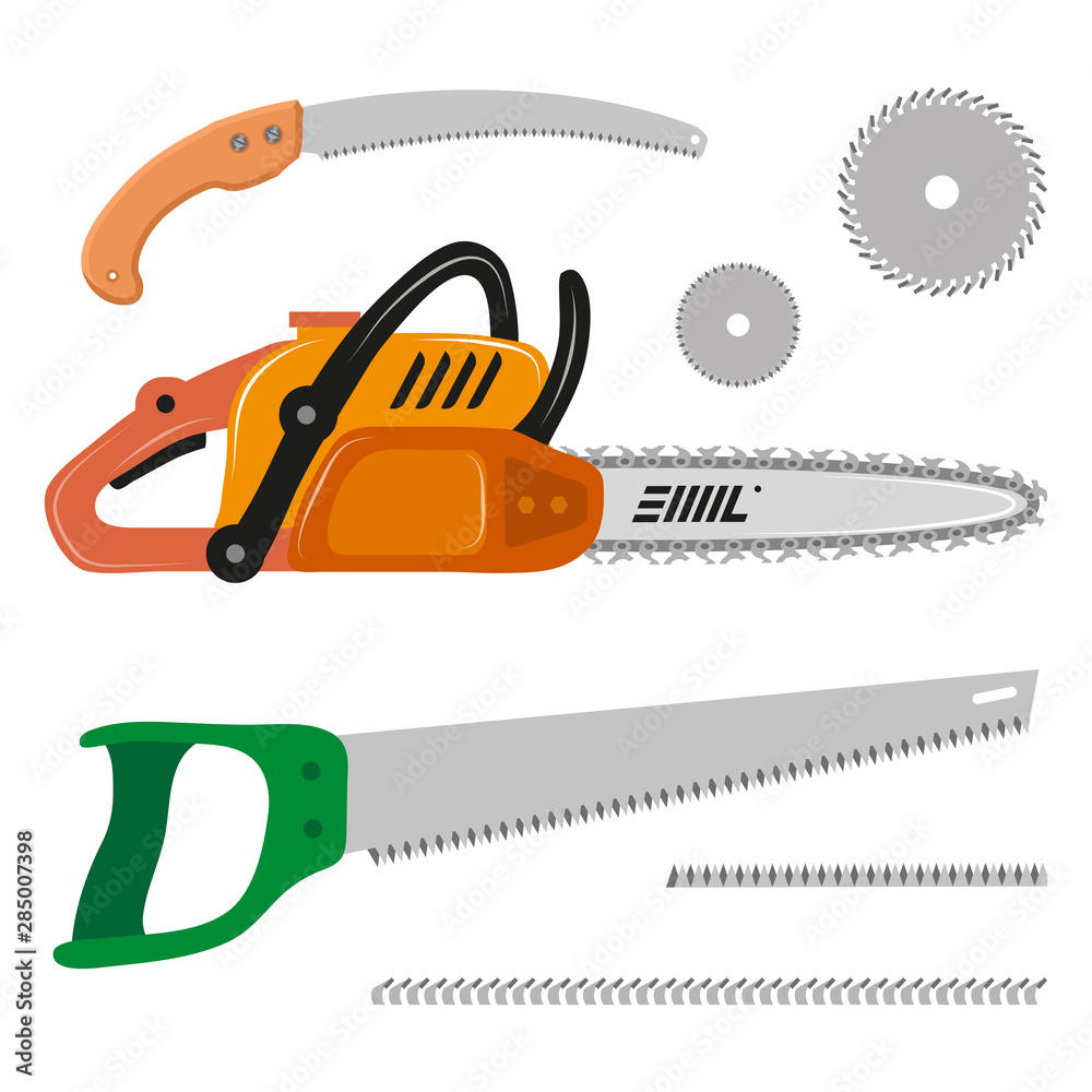 Set of Different Saws. Hand saw. Chainsaw. Circular Saw. Vector Graphics to Design. Set of Different Saws. Hand saw. Chainsaw. Circular Saw. Vector Graphics to Design.
