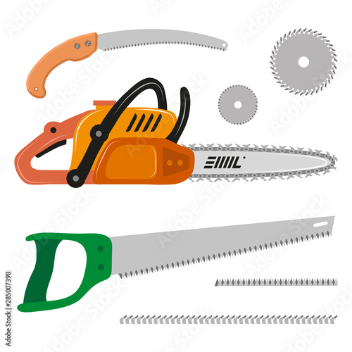 Set of Different Saws. Hand saw. Chainsaw. Circular Saw. Vector Graphics to Design.