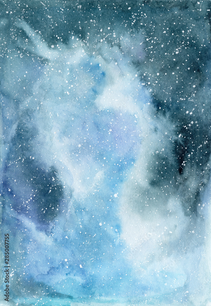 Watercolor illustration, gift card or poster of blue galaxy with stars