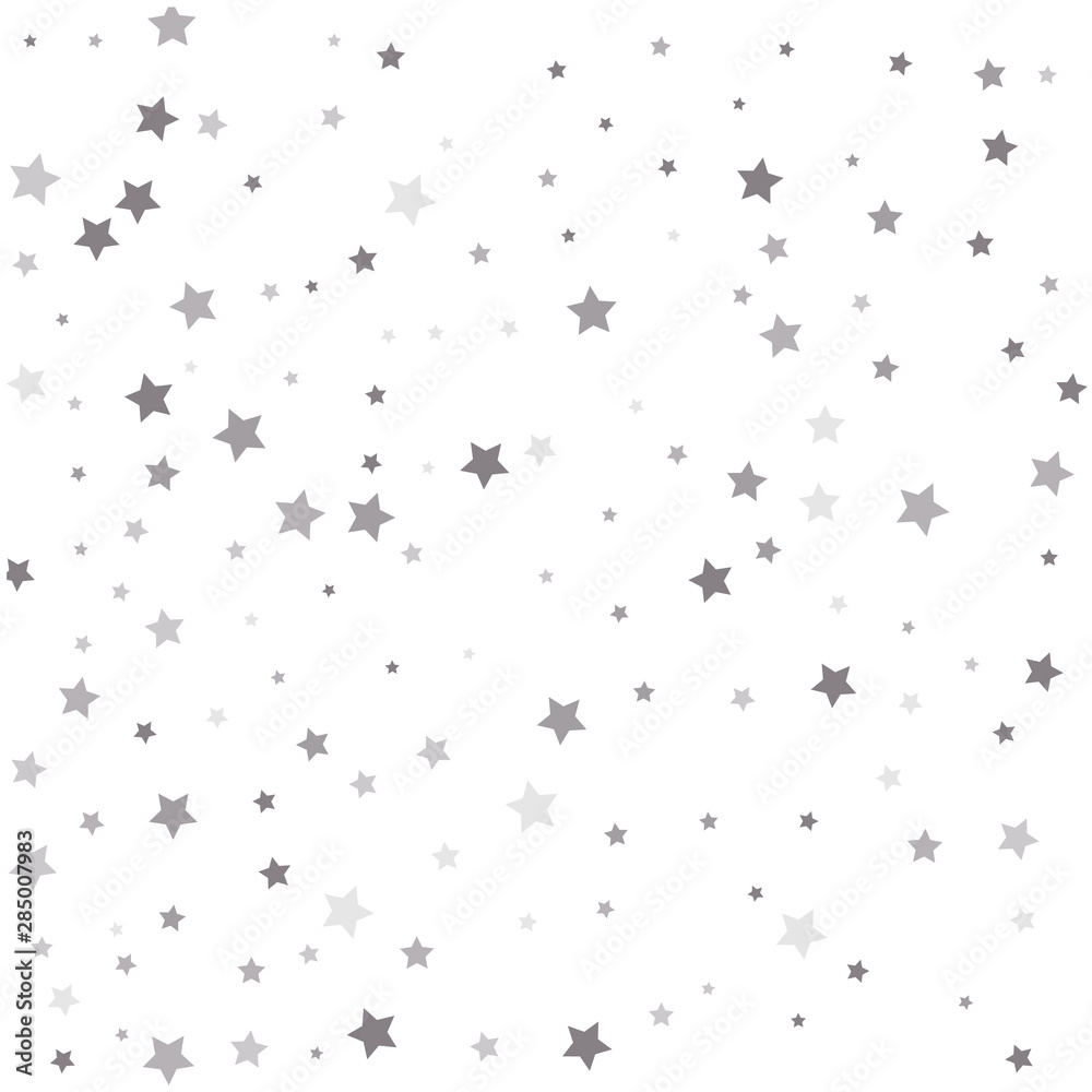 Confetti cover from silver stars. Christmas and New Year card, invitation, postcard, paper packaging.