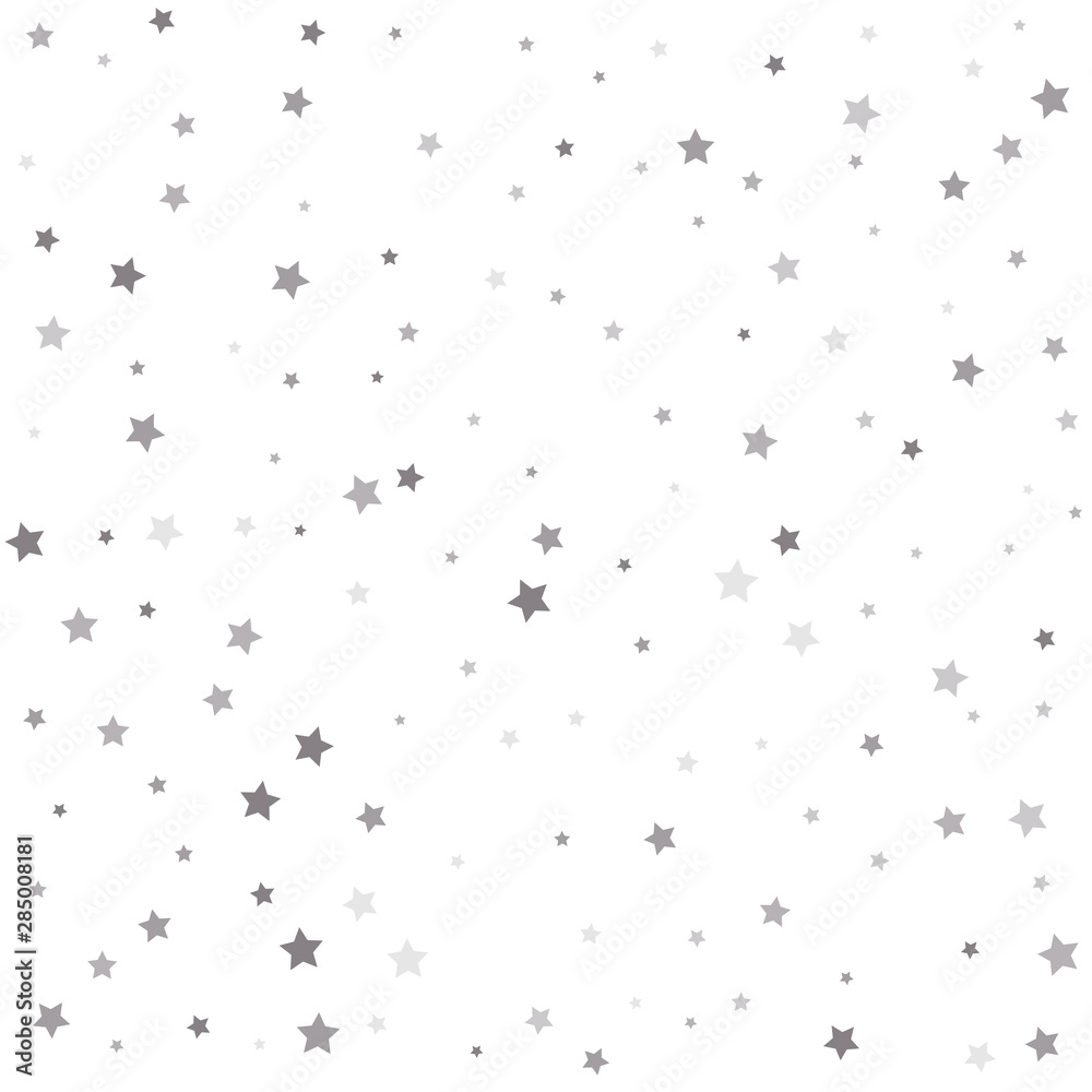 Christmas stars background vector, flying silver sparkles confetti. Texture of silver foil.