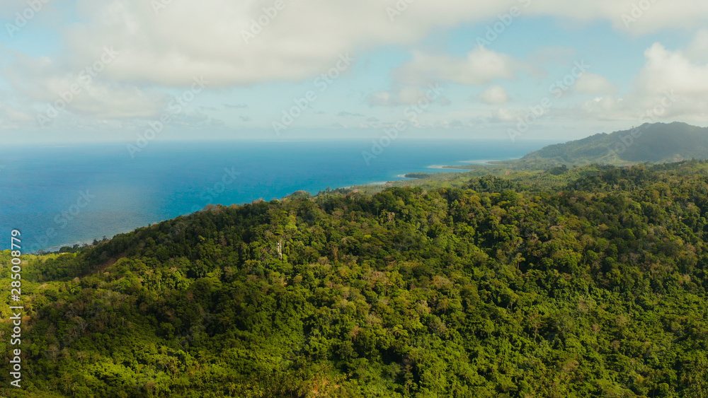 Coastline of tropical island Balabac covered with green rain forest against the blue sky with clouds and blue sea, aerial view. Seascape: Ocean and sky. Palawan, Philippines