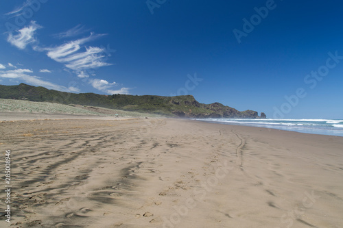 Scorching hot day at Bethells Beach  west Auckland. Black sand gets hot. Stunning summers day at Te Henga with blue sky  minimal clouds  small white caps on the waves. Looking south toward caves.