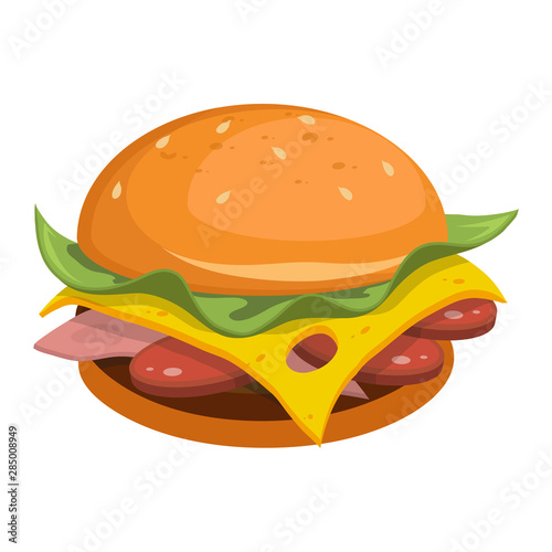 Hamburger. Fast Food. Tasty Street Food. Fresh Fast Food Product. Delicious Hamburger With Cheese. Fast Meal Diet. Big Best Hamburger. Fresh Hot Meal. Not Healthy Food. Vector graphics to design.