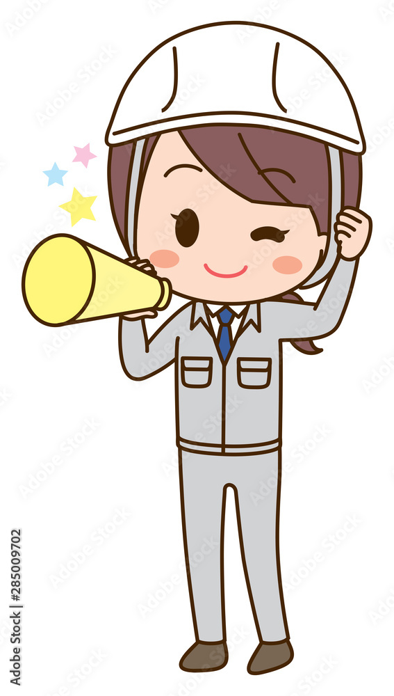 Illustration of a woman wearing work clothes cheering Illustration of a woman wearing work clothes cheering