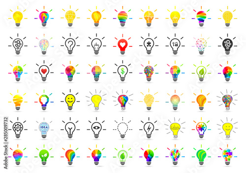 Big set of lightbulbs. Bulb collection with many different concept made in various design and style on white background.