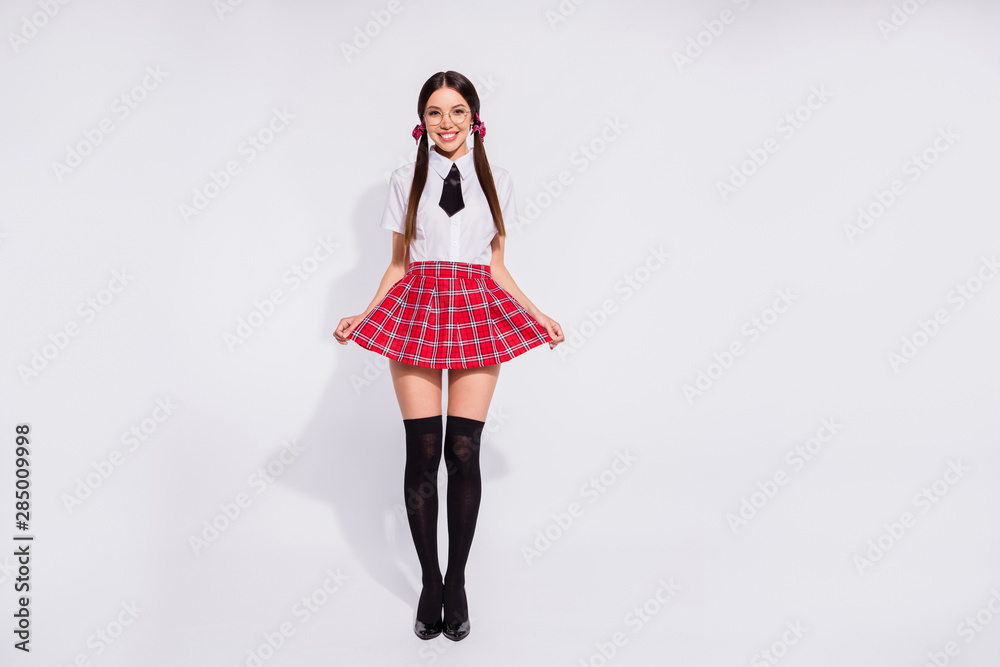 Full length body size photo beautiful amazing she her lady long hair school best pupil teacher student coquette eyewear eyeglasses wear red checkered plaid suit pantyhose tie isolated white background Full length body size photo beautiful amazing she her lady long hair school best pupil teacher student coquette eyewear eyeglasses wear red checkered plaid suit pantyhose tie isolated white background