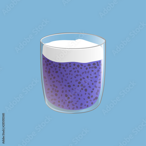 Chia seed pudding. Healthy vegan snack in glass. Vector illstration isolated on blue background.