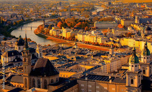 Photography Panaramic view in a Autumn season at a historic city of Salzburg with Salzach ri