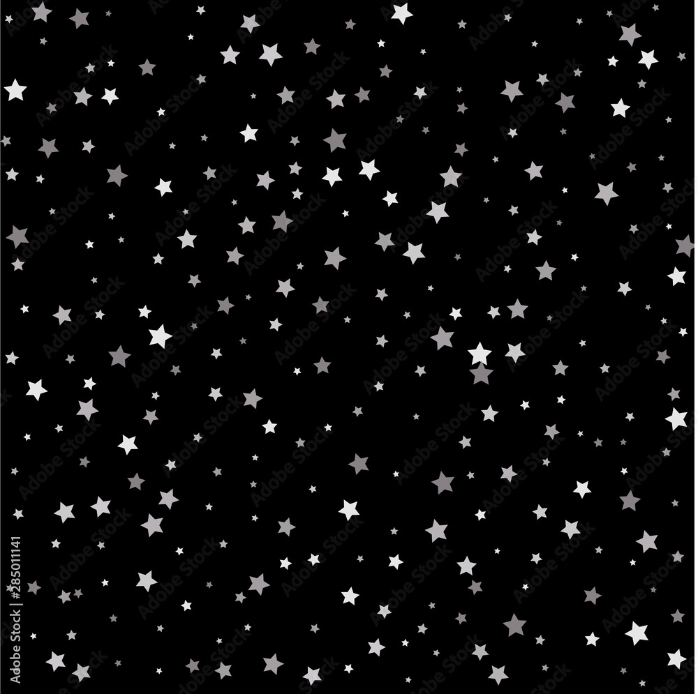 Christmas stars background vector, flying silver sparkles confetti. Silver stars on a square background.