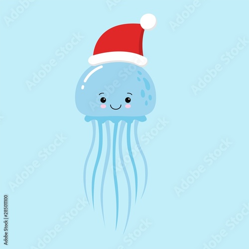 Jellyfish cartoon character. A Cute blue Jellyfish wearing Santa Claus hat standing on marine blue background.Flat design Vector illustration for Merry Christmas and Happy New Year invitation card.