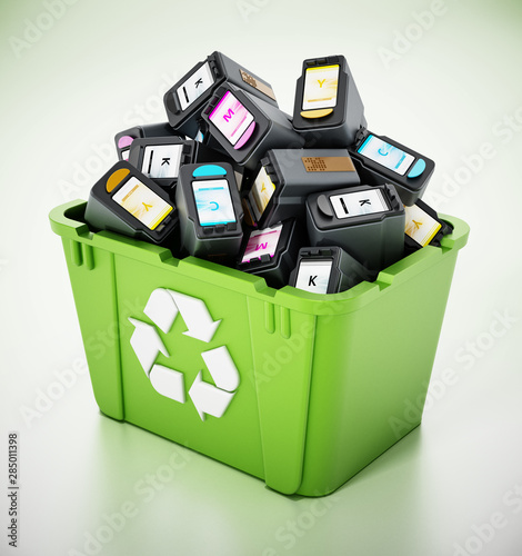 Used inkjet printer cartridges inside green recycle box. 3D illustration photo