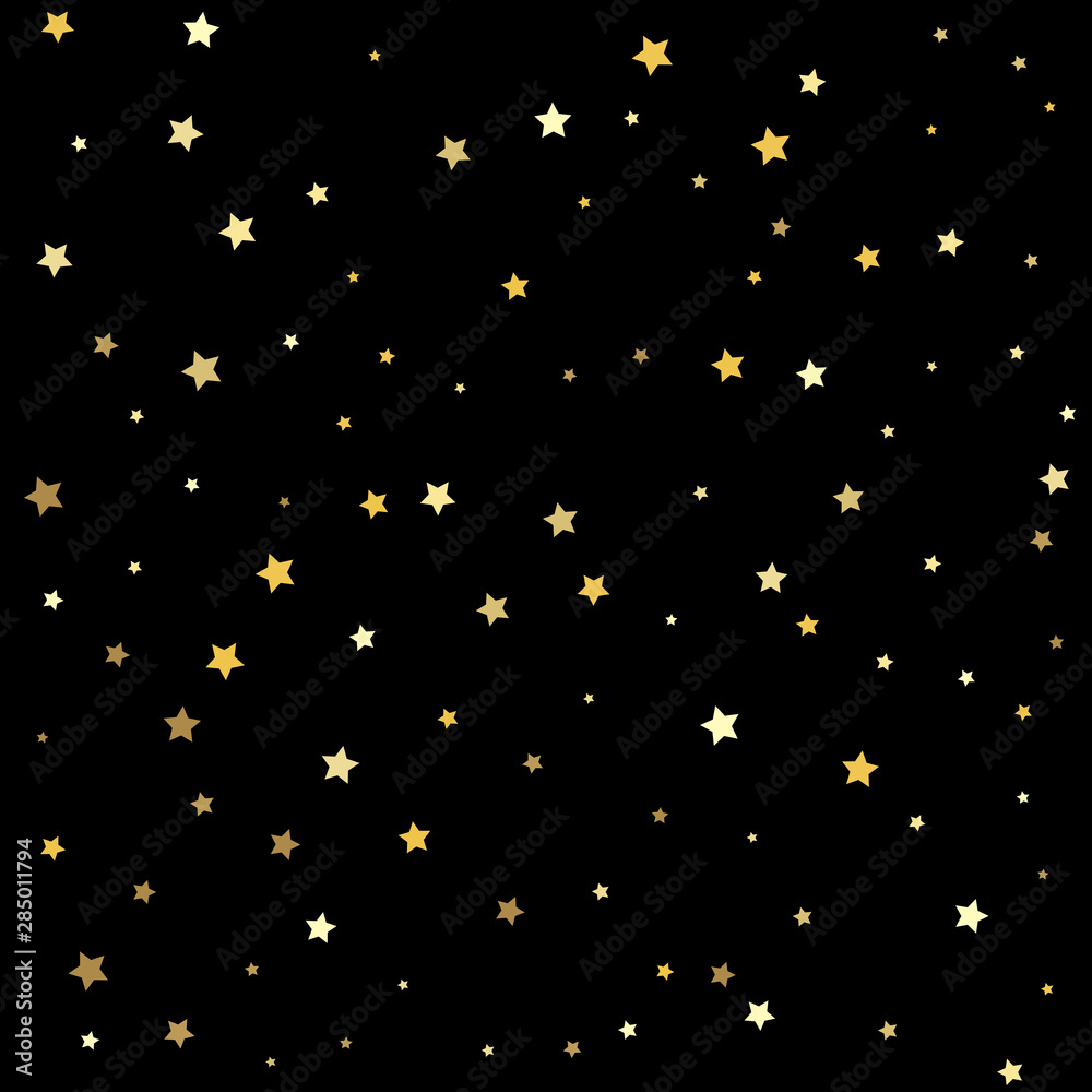 Falling golden abstract decoration for party, birthday celebrate, anniversary or event, festive. Gold flying stars confetti magic cosmic christmas vector.