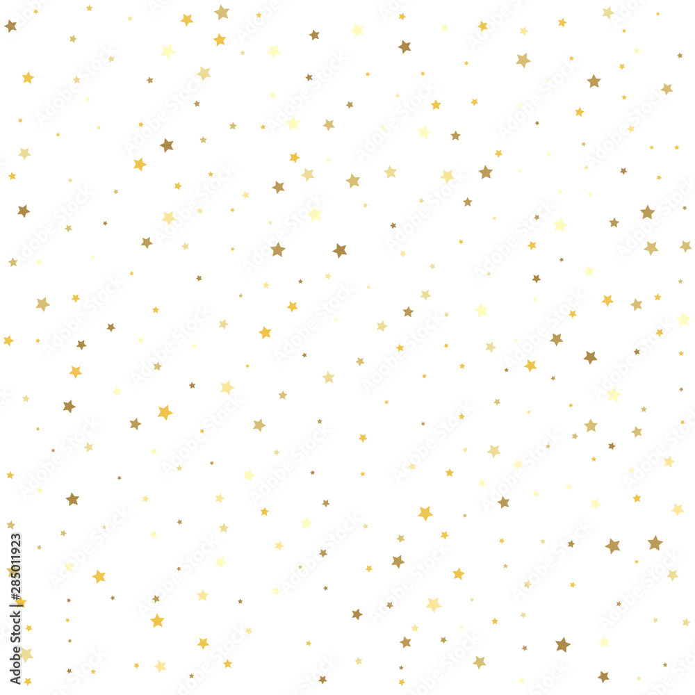 Gold flying stars confetti magic cosmic christmas vector. Texture of gold foil.