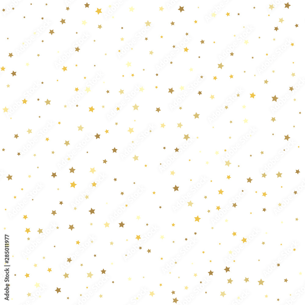 Gold flying stars confetti magic cosmic christmas vector. Texture of gold foil.