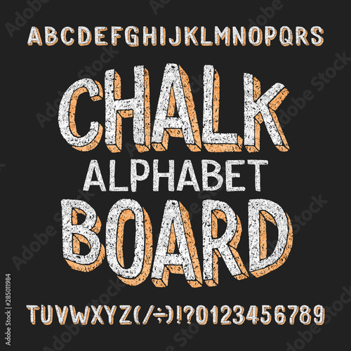 Chalk board alphabet font. Hand drawn 3d letters and numbers. Stock vector typeface.