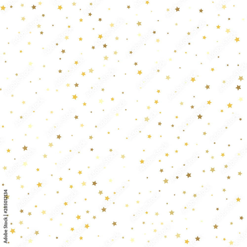 Golden stars on a square background. Gold flying stars confetti magic cosmic christmas vector.