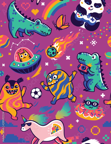 Fototapeta Naklejka Na Ścianę i Meble -  Seamless pattern with cute kawaii animals, dinosaurs and monsters in the galaxy. Vector illustration