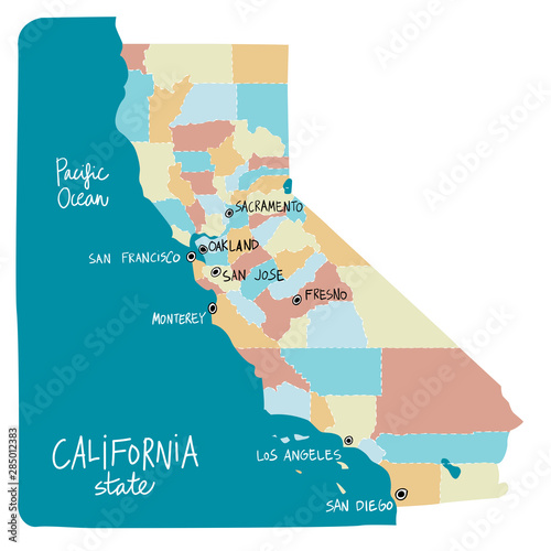Map of California state of the USA, with counties.