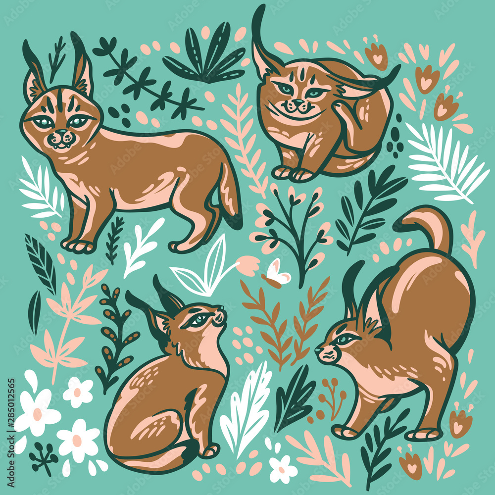 Caracal Kittens set in the floral background