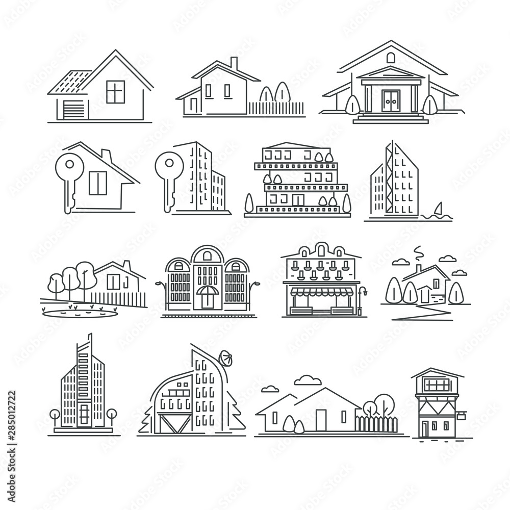 Φωτογραφία Buildings or real estate isolated outline icons, houses and apartments